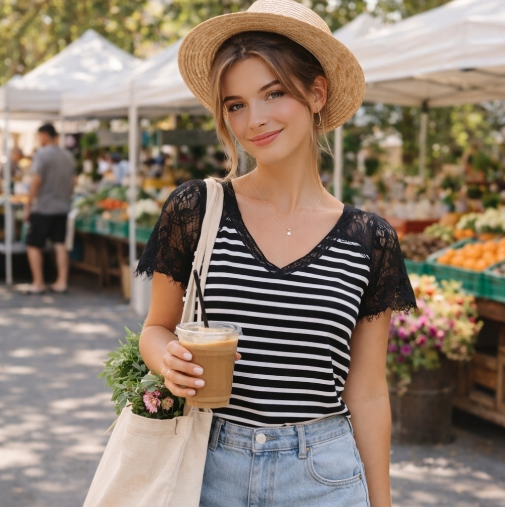 🤩 ANDTHEWHY Los Angeles Lace Sleeve Striped Top Size: Medium